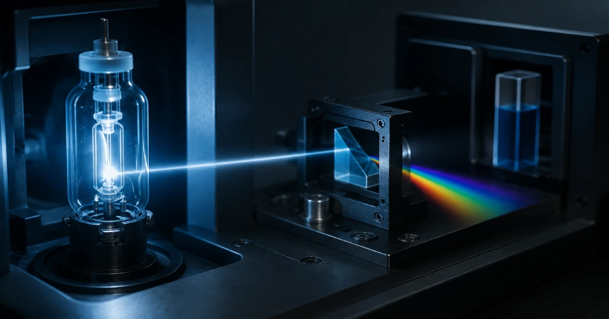 نمای نزدیک لامپ دوتریوم در اسپکتروفتومتر UV-Vis با مسیر عبور نور، اجزای اپتیکی دستگاه و نمایش اهمیت پایش عمر منبع نور