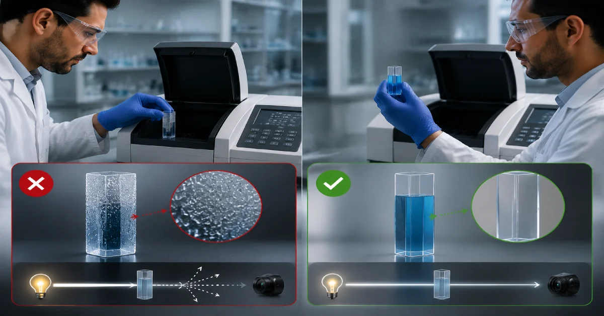 مقایسه اثر دمای نامناسب کووت و ایجاد میعان روی دقت اندازهگیری UV-Vis با حالت صحیح آمادهسازی نمونه و عبور پایدار نور