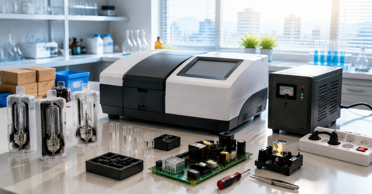 نمایش چالشهای تأمین و نگهداری اسپکتروفتومتر UV-Vis شامل لامپ دوتریوم، کووتهای کوارتز، قطعات اپتیکی، برد الکترونیکی و تجهیزات محافظ برق در آزمایشگاه